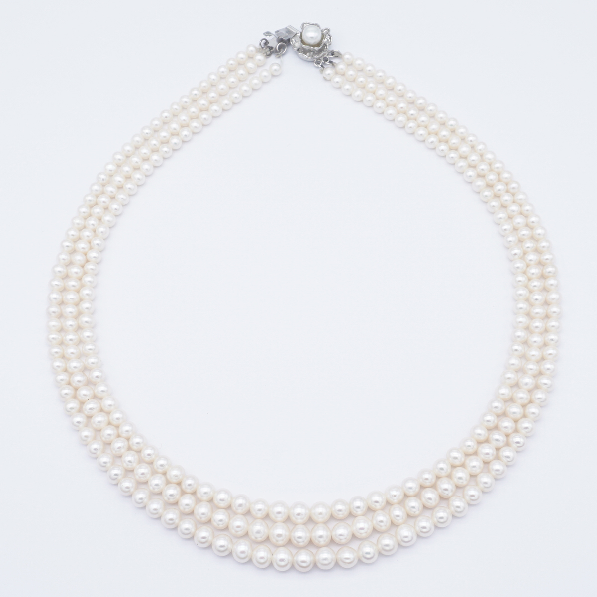 Fresh Water Three Lines White Round Pearl Necklace